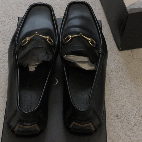 Vintage Gucci 90s Men\'s Loafers Gold Black Leather Horsebit New in Box 11-D